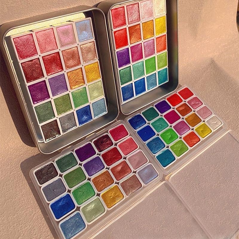 Watercolor Paint Set Solid Pigment - Pearlescent Paints Portable 20 Colors Solid